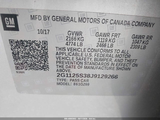 45863502 :رقم المزاد ، 2G1125S38J9129266 vin ، 2018 Chevrolet Impala 2lz مزاد بيع
