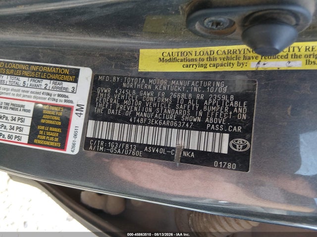 Продажа на аукционе авто 2010 Toyota Camry Le, vin: 4T4BF3EK6AR063747, номер лота: 45863510