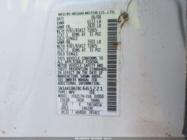 Продаж на аукціоні авто 2008 Nissan Pathfinder Se, vin: 5N1AR18B28C665221, номер лоту: 45863519