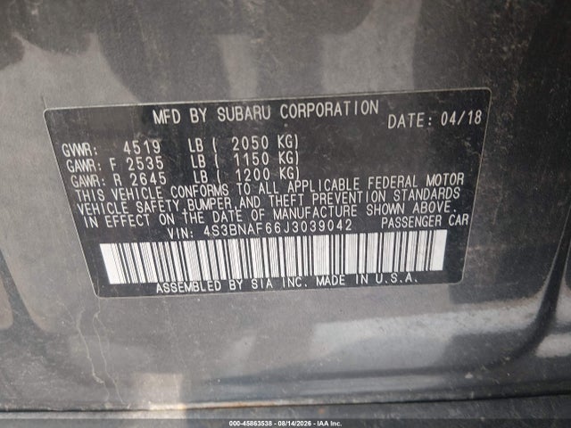 Продаж на аукціоні авто 2018 Subaru Legacy 2.5i Premium, vin: 4S3BNAF66J3039042, номер лоту: 45863538