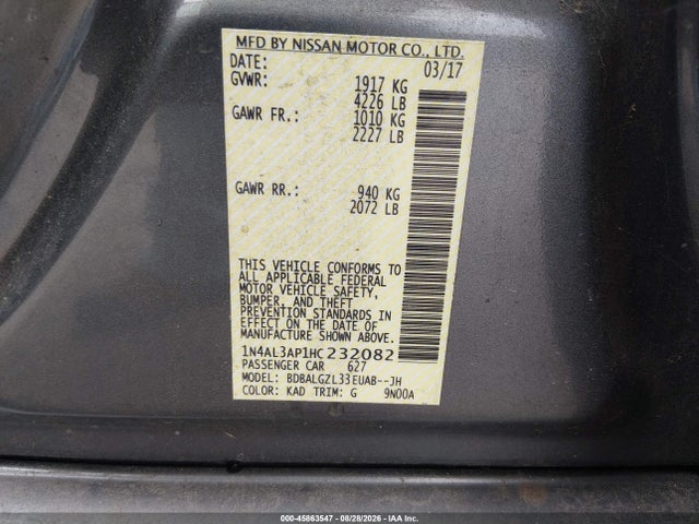 2017 Nissan Altima 2.5 S მანქანა იყიდება აუქციონზე, vin: 1N4AL3AP1HC232082, აუქციონის ნომერი: 45863547