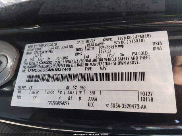 45863549 :رقم المزاد ، 1FMCU0G64NUB37448 vin ، 2022 Ford Escape Se مزاد بيع