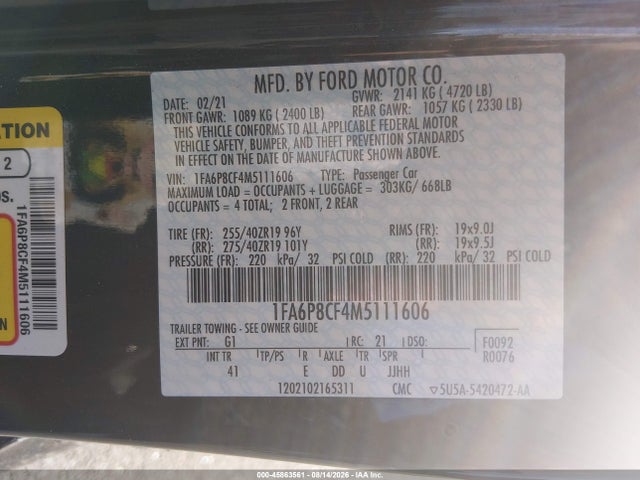 Продажа на аукционе авто 2021 Ford Mustang Gt Premium Fastback, vin: 1FA6P8CF4M5111606, номер лота: 45863561