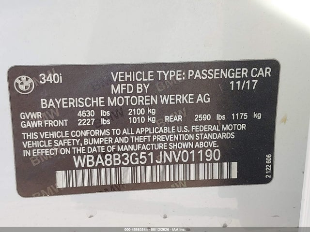 2018 Bmw 340i მანქანა იყიდება აუქციონზე, vin: WBA8B3G51JNV01190, აუქციონის ნომერი: 45863584