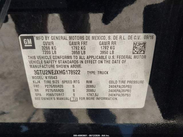 Auction sale of the 2017 Gmc Sierra 1500 Slt, vin: 3GTU2NEJXHG178922, lot number: 45863601