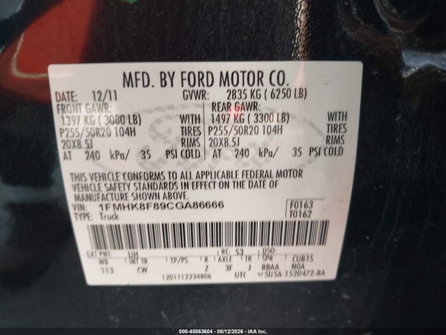 Auction sale of the 2012 Ford Explorer Limited, vin: 1FMHK8F89CGA86666, lot number: 45863604