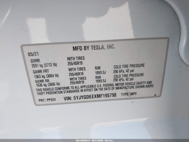Aukcja sprzedaży 2021 Tesla Model Y Long Range Dual Motor All-wheel Drive, vin: 5YJYGDEEXMF195798, numer aukcji: 45863613