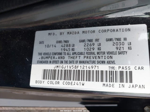 45863622 :رقم المزاد ، JM1GJ1V58F1214971 vin ، 2015 Mazda Mazda6 I Touring مزاد بيع