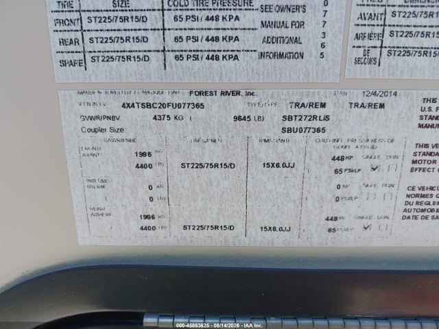 Aukcja sprzedaży 2015 Forest River Salem 27, vin: 4X4TSBC20FU077365, numer aukcji: 45863625