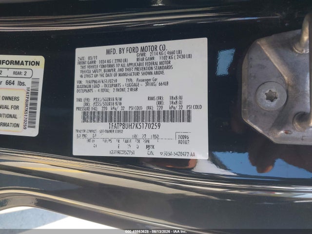 45863628 :رقم المزاد ، 1FATP8UH7K5170259 vin ، 2019 Ford Mustang Ecoboost Premium مزاد بيع