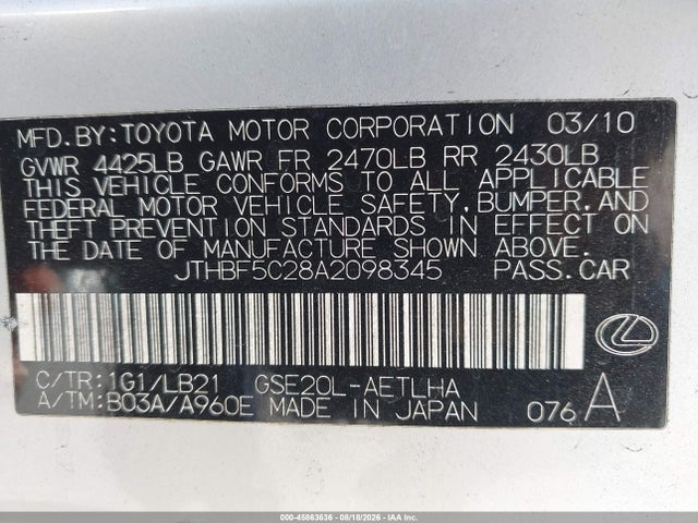 Aukcja sprzedaży 2010 Lexus Is 250, vin: JTHBF5C28A2098345, numer aukcji: 45863636