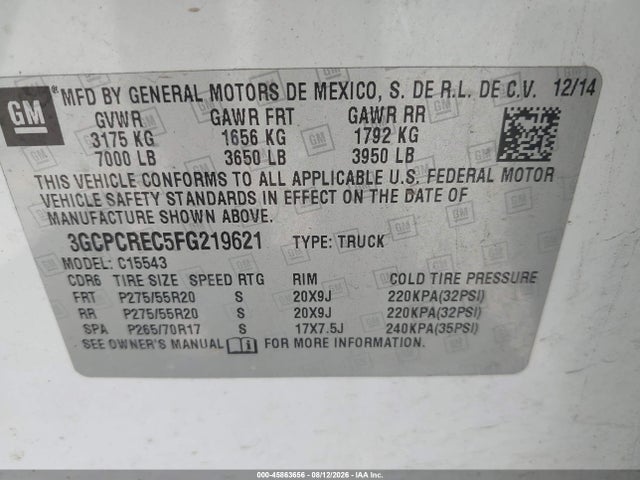 Продаж на аукціоні авто 2015 Chevrolet Silverado 1500 Lt, vin: 3GCPCREC5FG219621, номер лоту: 45863656