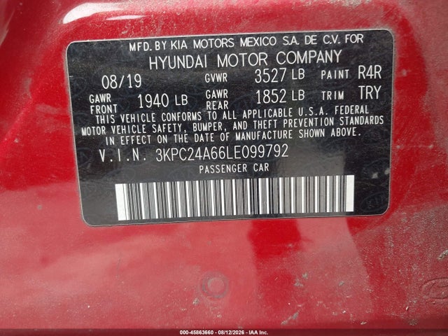 Продажа на аукционе авто 2020 Hyundai Accent Se, vin: 3KPC24A66LE099792, номер лота: 45863660