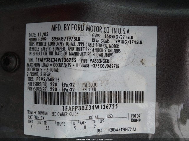 Продажа на аукционе авто 2004 Ford Focus Zts, vin: 1FAFP38Z34W136755, номер лота: 45863664