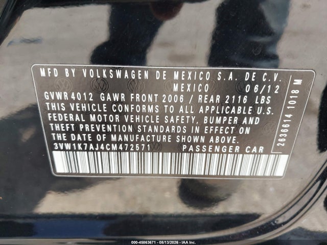 Продаж на аукціоні авто 2012 Volkswagen Jetta 2.0l S, vin: 3VW1K7AJ4CM472571, номер лоту: 45863671
