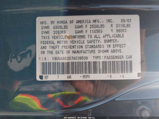 Продаж на аукціоні авто 2007 Acura Tl 3.2, vin: 19UUA66207A039509, номер лоту: 45863678