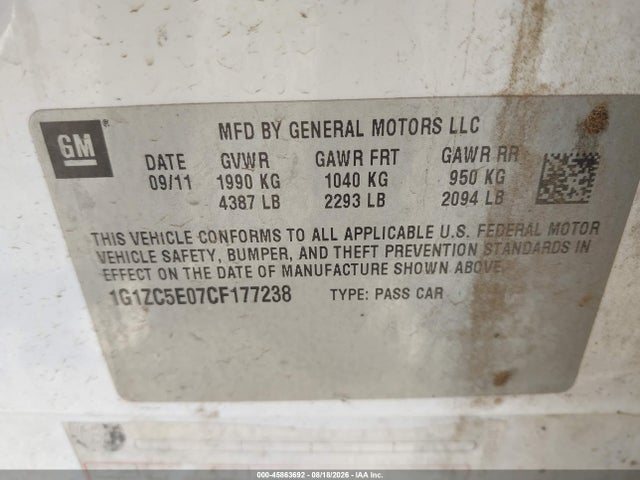 2012 Chevrolet Malibu 1lt მანქანა იყიდება აუქციონზე, vin: 1G1ZC5E07CF177238, აუქციონის ნომერი: 45863692