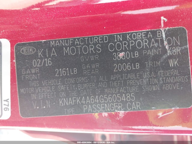 2016 Kia Forte Lx მანქანა იყიდება აუქციონზე, vin: KNAFK4A64G5605485, აუქციონის ნომერი: 45863694
