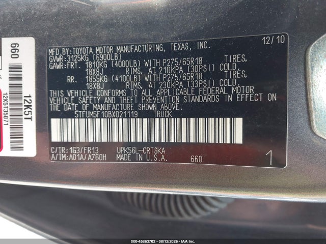Продажа на аукционе авто 2011 Toyota Tundra Grade 4.6l V8, vin: 5TFUM5F10BX021119, номер лота: 45863702