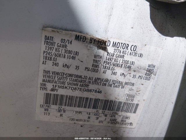 Продаж на аукціоні авто 2014 Ford Explorer Xlt, vin: 1FM5K7D87EGB67846, номер лоту: 45863708