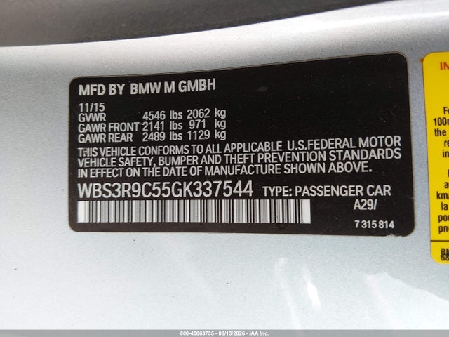 Aukcja sprzedaży 2016 Bmw M4, vin: WBS3R9C55GK337544, numer aukcji: 45863735
