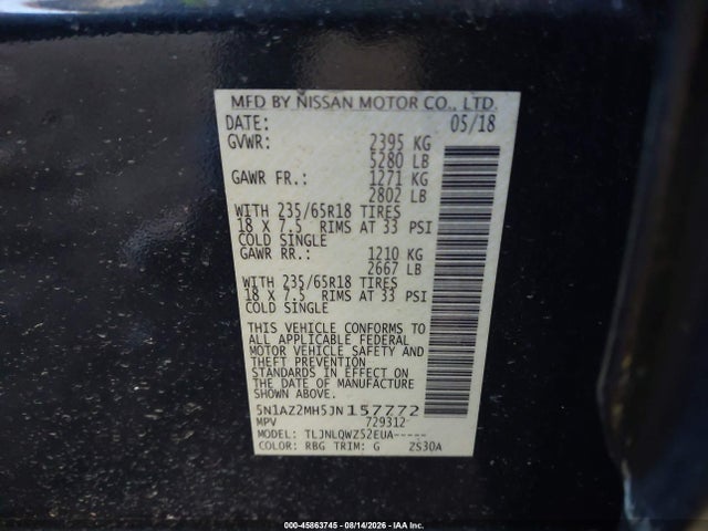 2018 Nissan Murano Sv მანქანა იყიდება აუქციონზე, vin: 5N1AZ2MH5JN157772, აუქციონის ნომერი: 45863745