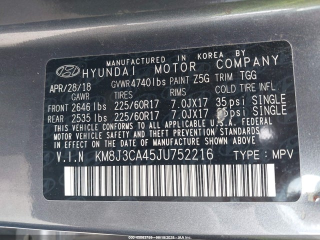 Aukcja sprzedaży 2018 Hyundai Tucson Sel, vin: KM8J3CA45JU752216, numer aukcji: 45863759