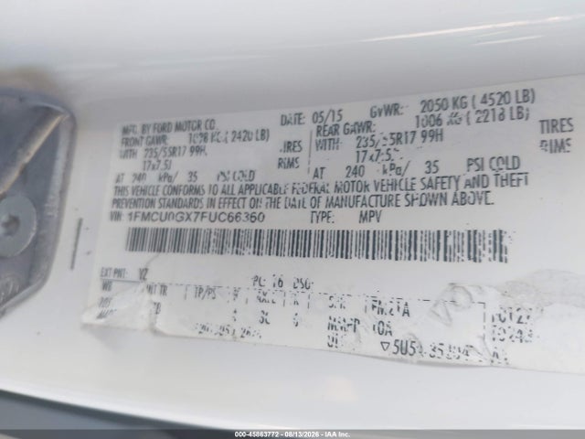 2015 Ford Escape Se მანქანა იყიდება აუქციონზე, vin: 1FMCU0GX7FUC66360, აუქციონის ნომერი: 45863772