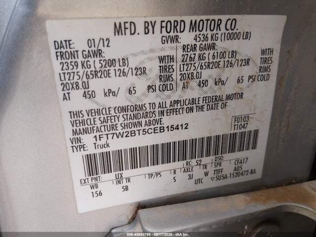 Продажа на аукционе авто 2012 Ford F-250 Lariat, vin: 1FT7W2BT5CEB15412, номер лота: 45863795