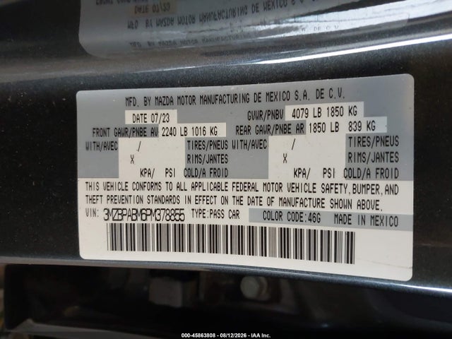 45863808 :رقم المزاد ، 3MZBPABM6PM378855 vin ، 2023 Mazda Mazda3 2.5 S Select مزاد بيع