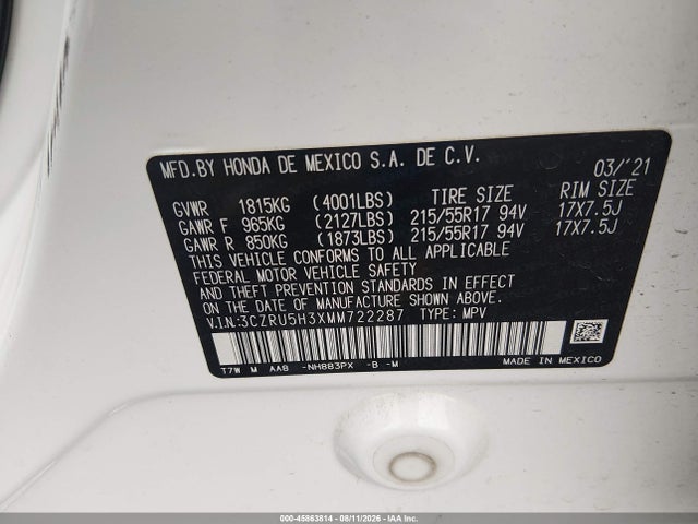 3CZRU5H3XMM722287 Honda Hr-v 2wd Lx