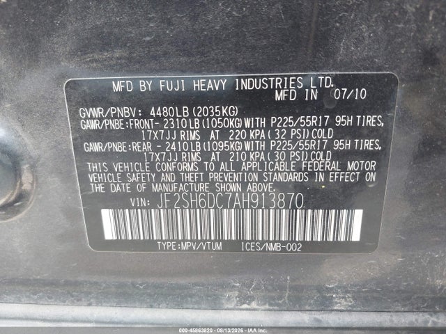2010 Subaru Forester 2.5x Limited მანქანა იყიდება აუქციონზე, vin: JF2SH6DC7AH913870, აუქციონის ნომერი: 45863820