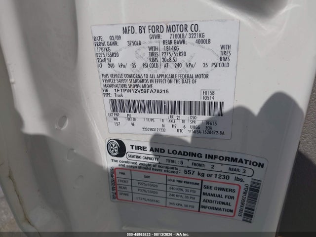 Продажа на аукционе авто 2009 Ford F-150 Platinum, vin: 1FTPW12V59FA78215, номер лота: 45863823