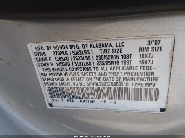Aukcja sprzedaży 2007 Honda Odyssey Lx, vin: 5FNRL38237B063210, numer aukcji: 45863833