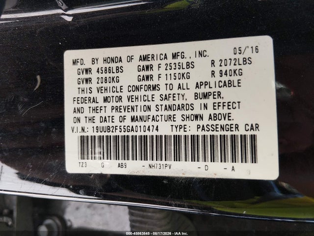 45863845 :رقم المزاد ، 19UUB2F55GA010474 vin ، 2016 Acura Tlx V6 Tech مزاد بيع