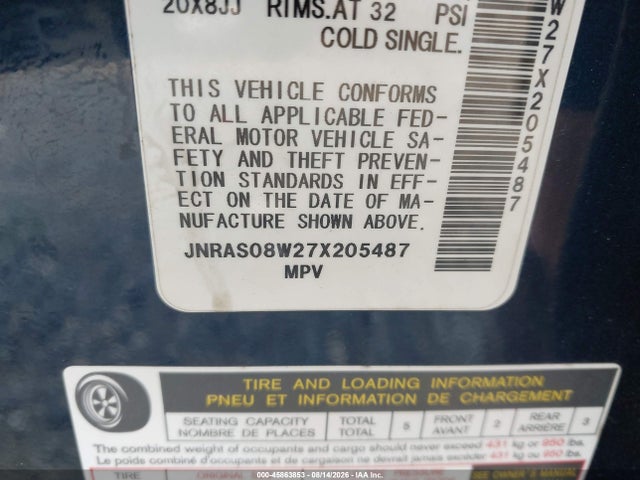 Auction sale of the 2007 Infiniti Fx35, vin: JNRAS08W27X205487, lot number: 45863853
