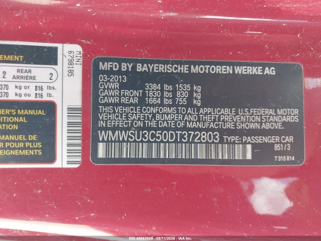 Aukcja sprzedaży 2013 Mini Hardtop Cooper, vin: WMWSU3C50DT372803, numer aukcji: 45863869