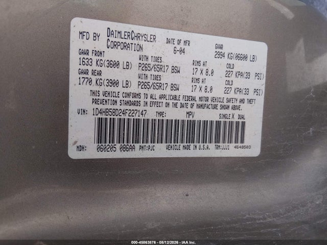 Aukcja sprzedaży 2004 Dodge Durango Limited, vin: 1D4HB58D24F227147, numer aukcji: 45863876