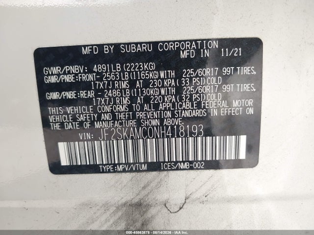 45863878 :رقم المزاد ، JF2SKAMC0NH418193 vin ، 2022 Subaru Forester Wilderness مزاد بيع