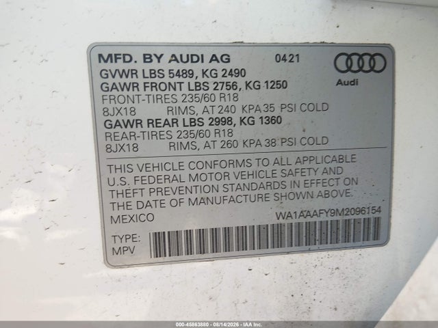 Aukcja sprzedaży 2021 Audi Q5 Premium 45 Tfsi Quattro S Tronic, vin: WA1AAAFY9M2096154, numer aukcji: 45863880