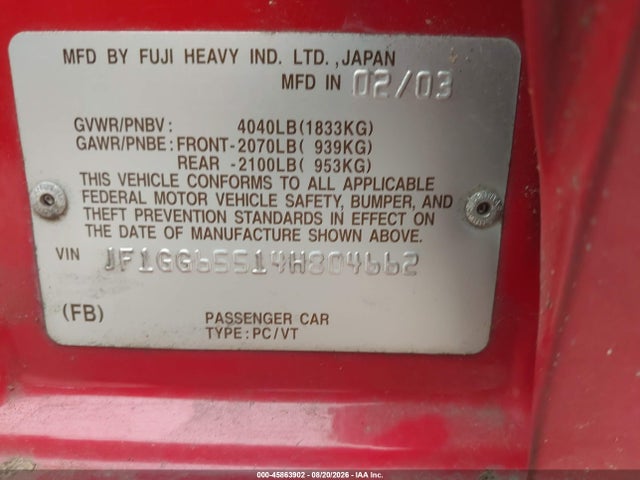 45863902 :رقم المزاد ، JF1GG65514H804662 vin ، 2004 Subaru Impreza 2.5ts مزاد بيع