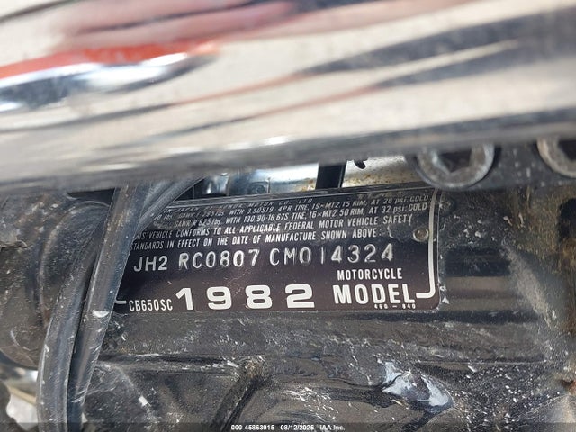 1982 Honda Cb650 Sc მანქანა იყიდება აუქციონზე, vin: JH2RC0807CM014324, აუქციონის ნომერი: 45863915