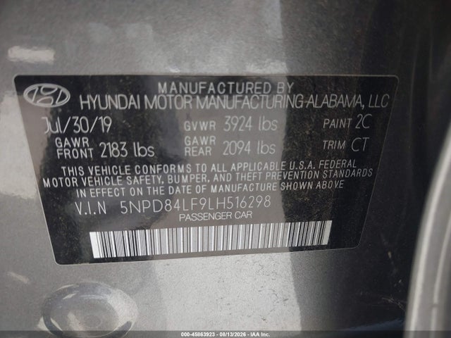 45863923 :رقم المزاد ، 5NPD84LF9LH516298 vin ، 2020 Hyundai Elantra Sel مزاد بيع