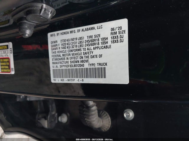 2020 Honda Ridgeline Black Edition მანქანა იყიდება აუქციონზე, vin: 5FPYK3F83LB012040, აუქციონის ნომერი: 45863935