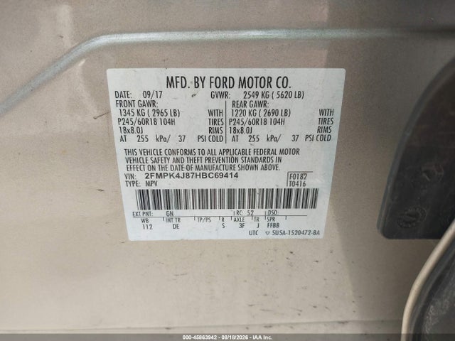 Aukcja sprzedaży 2017 Ford Edge Sel, vin: 2FMPK4J87HBC69414, numer aukcji: 45863942