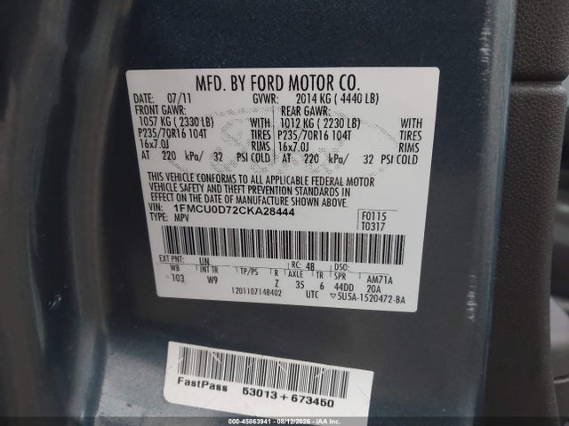 Продажа на аукционе авто 2012 Ford Escape Xlt, vin: 1FMCU0D72CKA28444, номер лота: 45863941