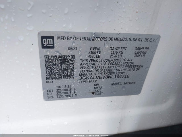 45863971 :رقم المزاد ، 3GKALVEV8NL104716 vin ، 2022 Gmc Terrain Awd Slt مزاد بيع