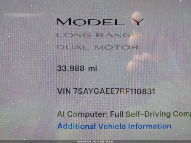 Aukcja sprzedaży 2024 Tesla Model Y Long Range Dual Motor All-wheel Drive, vin: 7SAYGAEE7RF110831, numer aukcji: 45863981
