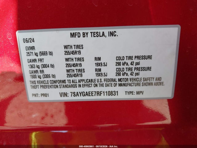 Aukcja sprzedaży 2024 Tesla Model Y Long Range Dual Motor All-wheel Drive, vin: 7SAYGAEE7RF110831, numer aukcji: 45863981