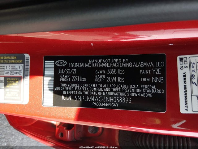Продажа на аукционе авто 2022 Hyundai Elantra Sel, vin: 5NPLM4AG3NH058893, номер лота: 45864003